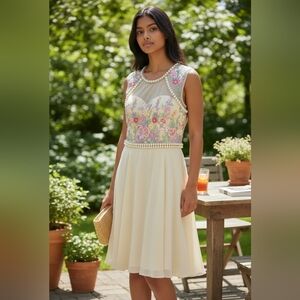 May Queen Floral Embroidered Midi Dress - Cream and Pink